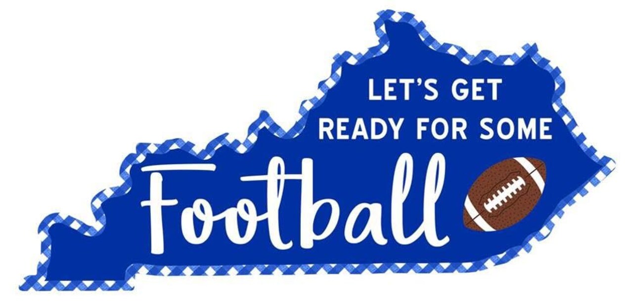 Kentucky "Let's Get Ready For Some Football" Metal State Sign (Blue, White, Brown, 15"L X 7"H) - For Sports Parties, Homecoming Mums, Wreath Accents, Crafts, and Decorations